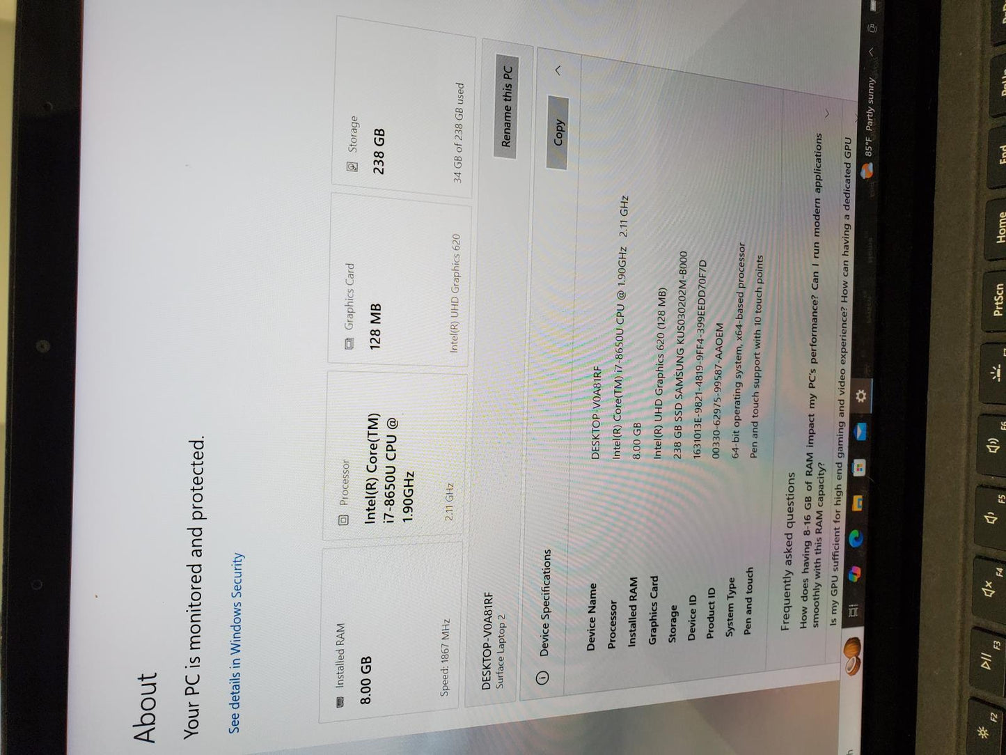 Microsoft Surface Laptop 2 13" i7-8th Gen 1.90GHz 8GB RAM 256GB