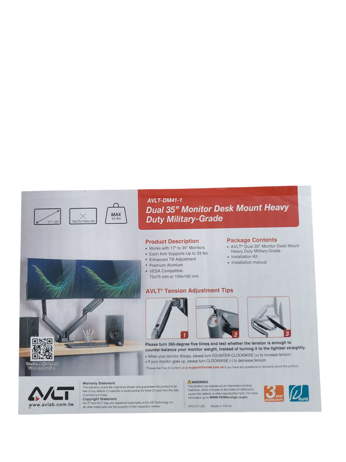 AVLT-DM41-1 Dual 35'' Monitor Desk Mount Heavy Duty Military-Grade