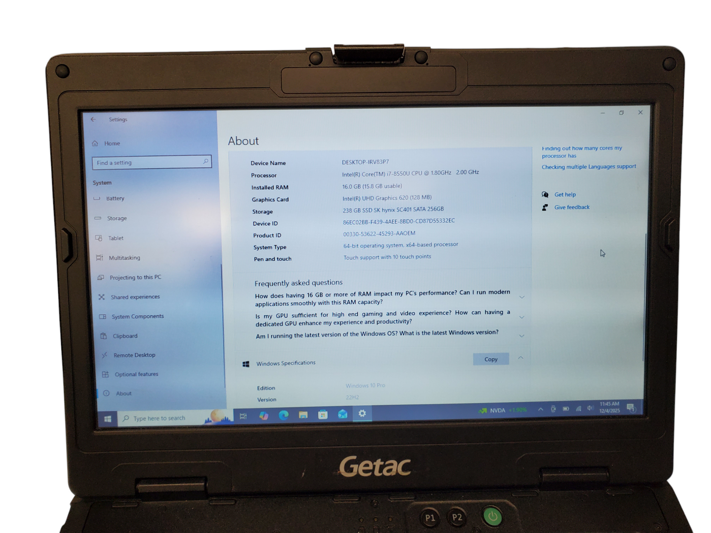 Laptop Getac S410 G2 Core i7 8th gen 1.80Ghz 16gb 256gb Touch Screen  SKU: 2100789 - Read Description