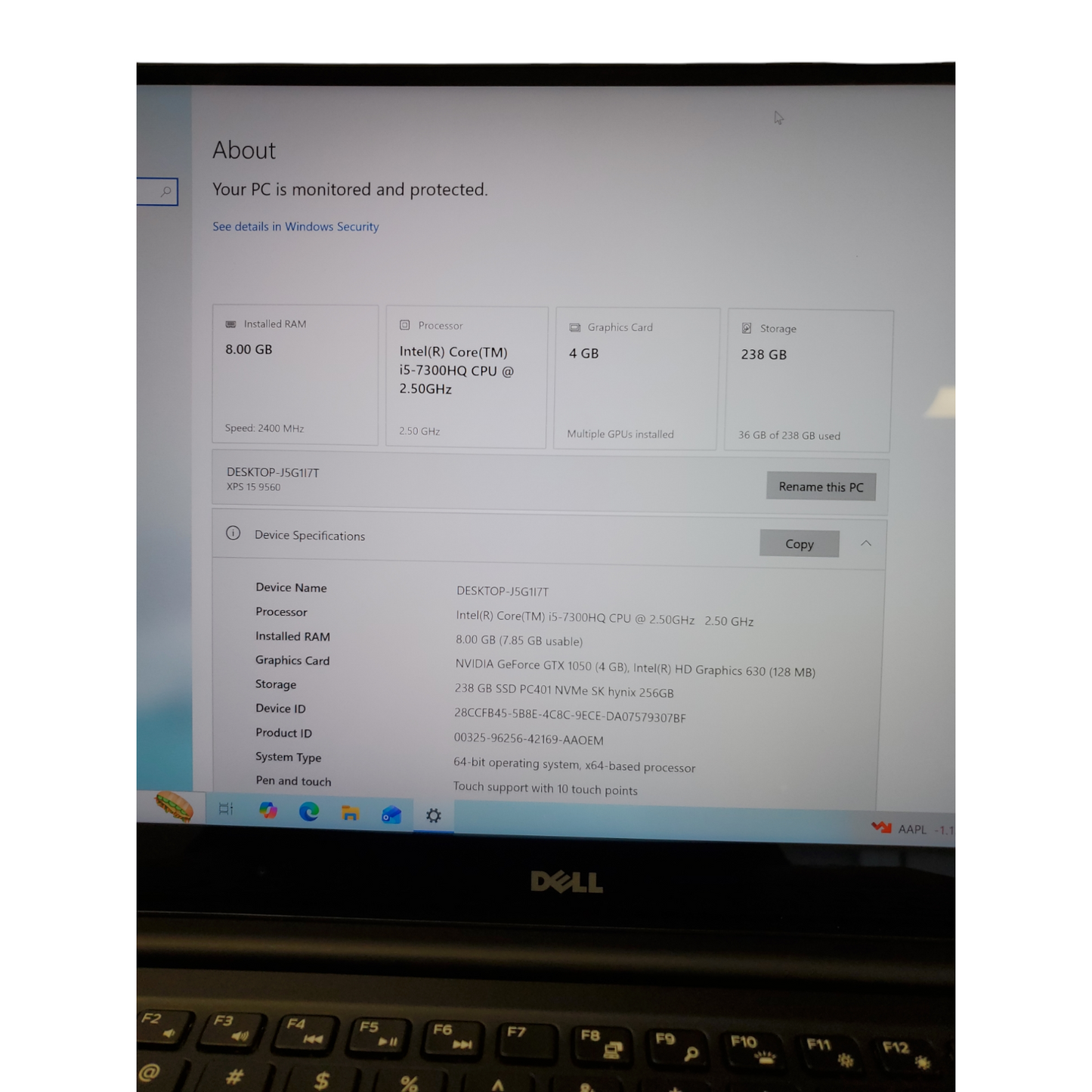 Dell XPS 15 9560 Laptop Core i5-7th Gen 2.50GHz 8GB RAM 256GB M2