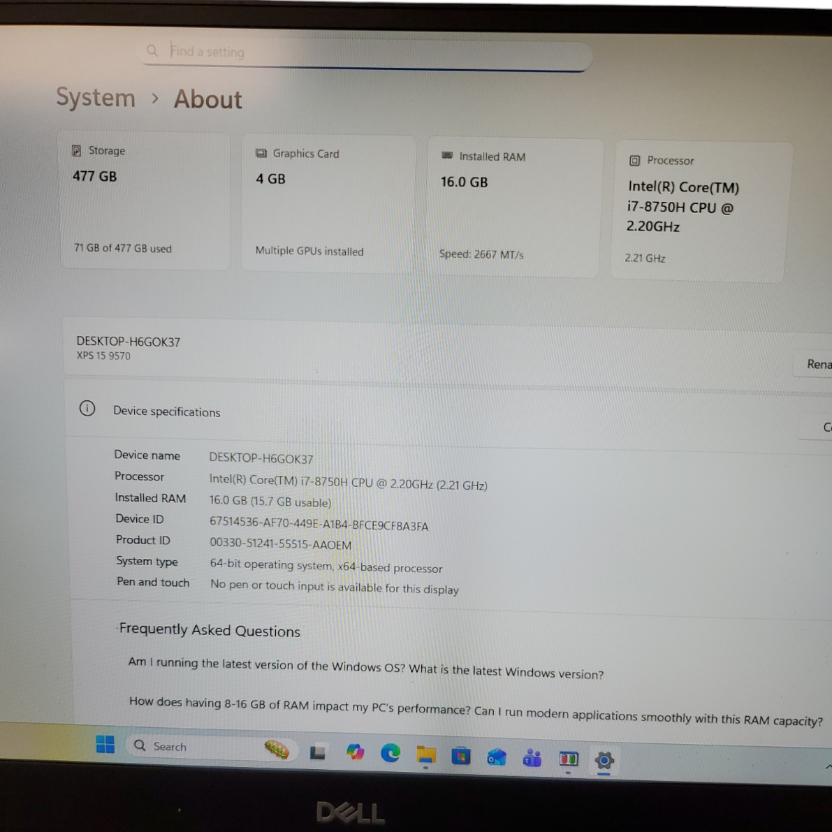 Dell XPS 15 9570 Laptop Core i7-8th Gen 2.20GHz 16GB RAM 512GB M2