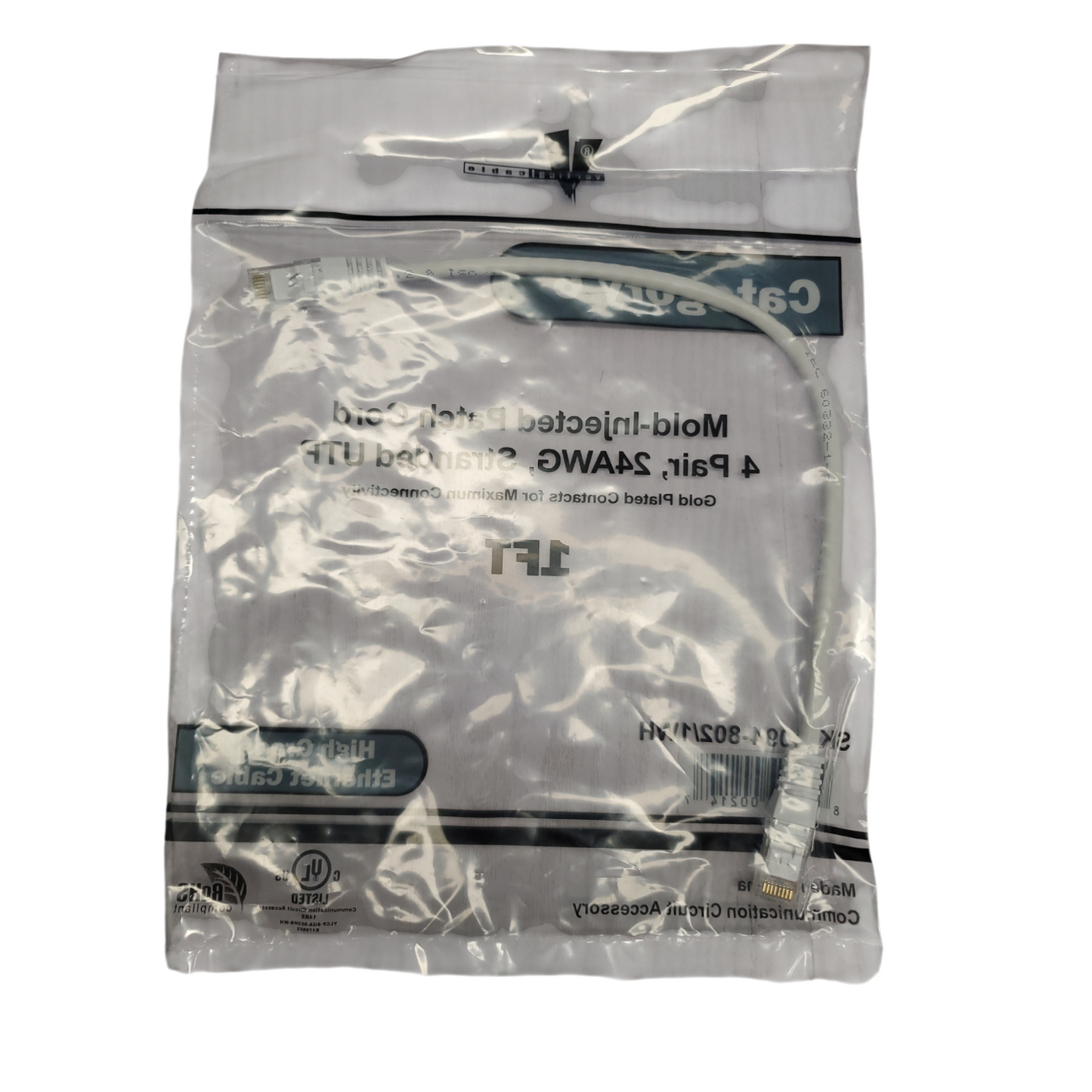 New Cat 6 Mold-Injected Patch Cord, 4 Pair, 24AWG, Stranded UTP, 1FT