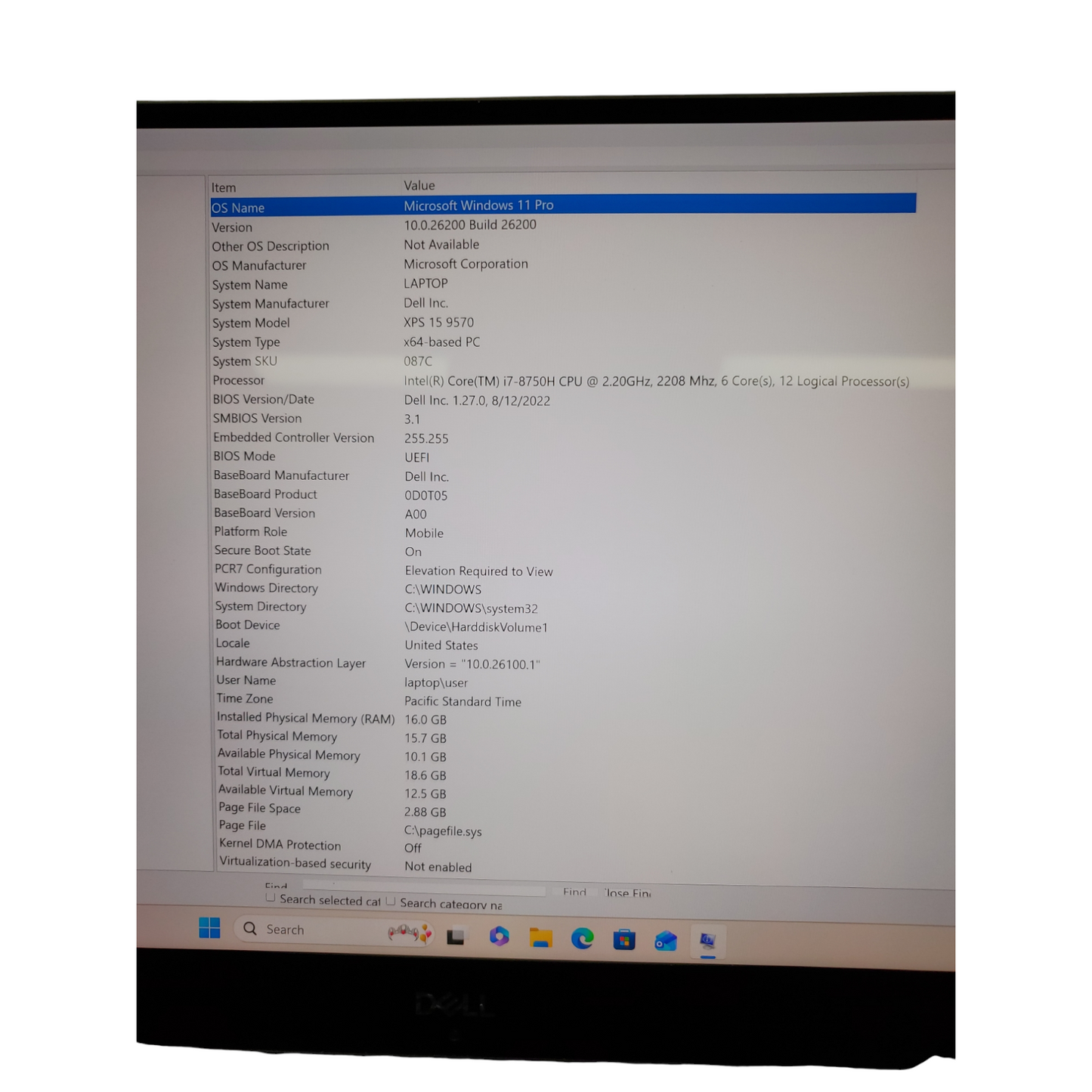 DELL XPS 15 9570 i7 8th GEN 2.20GHz 16GB 256GB M2