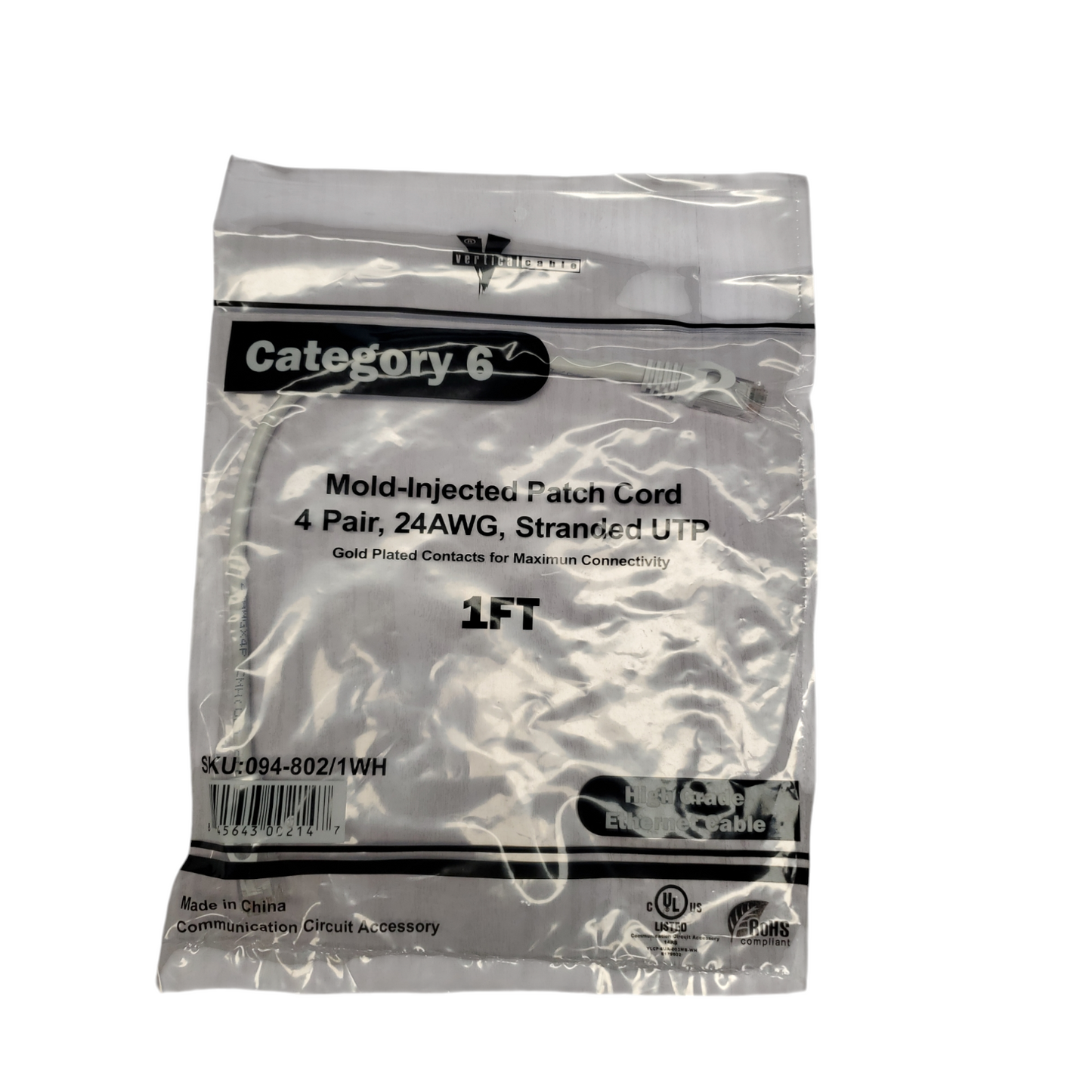 New Cat 6 Mold-Injected Patch Cord, 4 Pair, 24AWG, Stranded UTP, 1FT