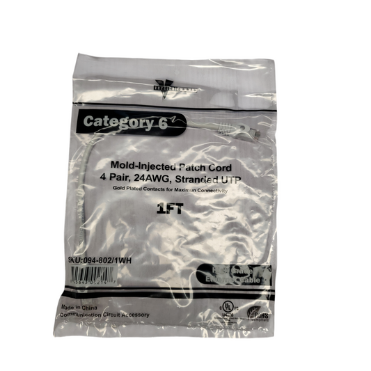 New Cat 6 Mold-Injected Patch Cord, 4 Pair, 24AWG, Stranded UTP, 1FT
